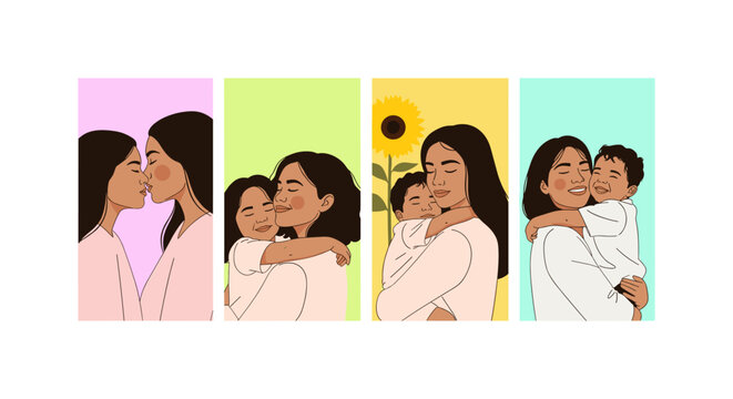 Four diverse women in colorful headscarves posing together pink green yellow