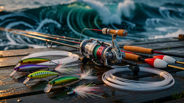 A meticulously arranged collection of vibrant fishing lures, sleek rods, a high-quality spinning reel, clear monofilament line, and classic red and white bobbers, resting on a damp wooden pier,