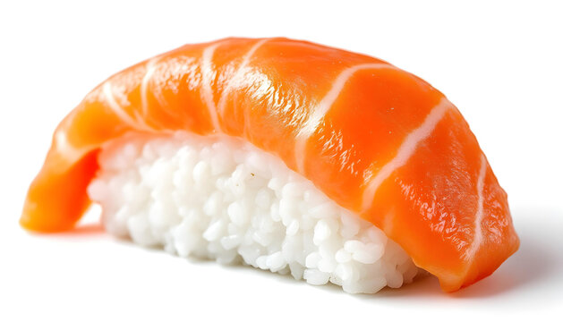 Sushi roll with salmon and rice detail, isolated