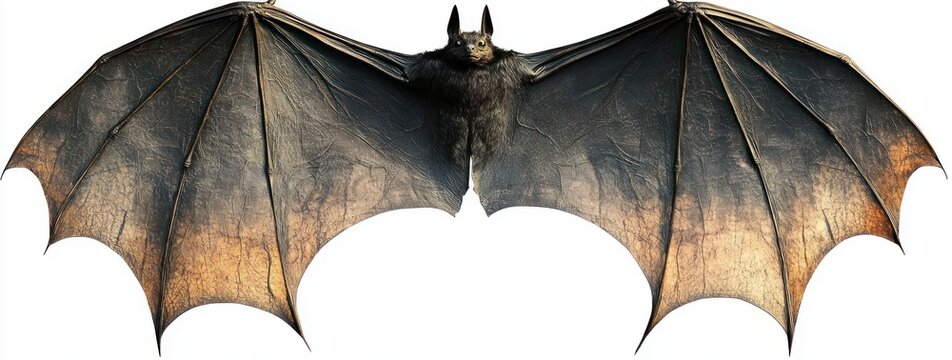 large bat with outstretched leathery wings, veined textured membranes, dark furred body and upright ears, intense watchful stare, dramatic warm backlit lighting, imposing and alert