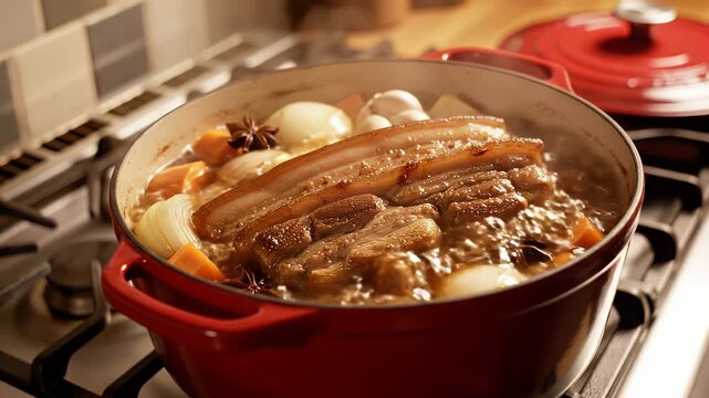 Close-up of a red pot filled with stew on a gas stove in a kitchen