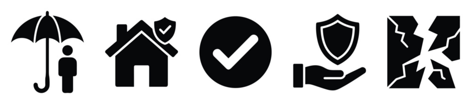 Essential safety and security icons depicting personal protection, home insurance, assured quality, reliable service, and risk assessment for informational graphics and digital presentations