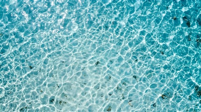 Aerial top-down view of clear turquoise tropical ocean water with bright sunlight reflecting through the surface creating white caustic light patterns on a shallow sandy bottom.