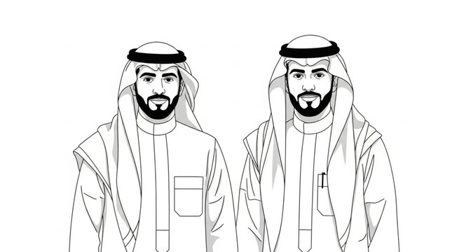 Two Emirati men in traditional attire, portrait view, black and white.