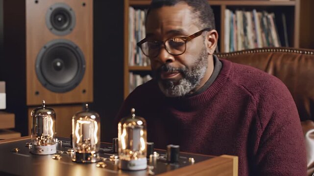 Man in glasses examining vintage vacuum tubes on a wooden table in a home office with warm tones.