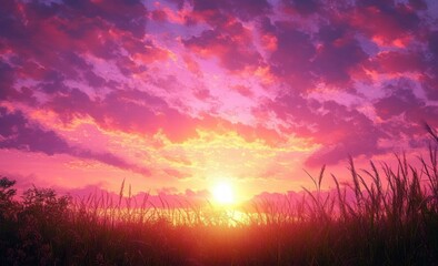 Fototapeta premium warm golden sun sinking behind distant hills over a meadow of tall grasses with vibrant pink and purple clouds, peaceful and awe-inspiring dusk