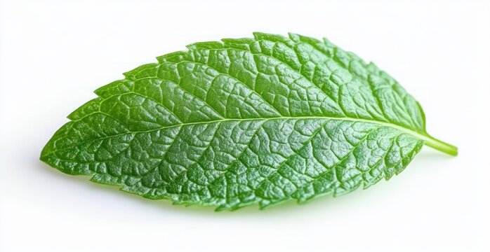 close-up of a single fresh green mint leaf with prominent veins on a white background conveying crisp refreshment