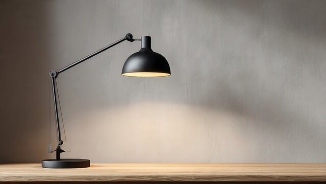 Black desk lamp illuminates a rustic wooden table against a textured gray concrete wall in a minimalist workspace representing professional focus and study