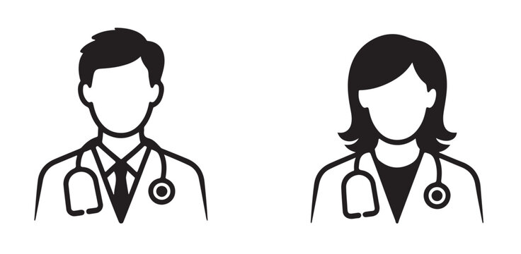 Doctor and nurse icons couple, professional medical staff, healthcare assistance, white background, flat design.
