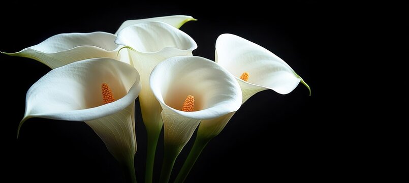 Elegant cluster of white calla lilies with orange spadices and green stems against a deep black background, soft-lit and serene