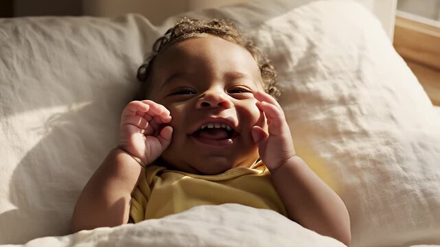 A baby lying on a bed with hands near face and a joyful expression in a cozy indoor setting.