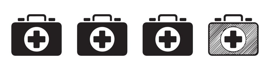 Obraz premium First aid kit icon collection featuring emergency medical suitcases in different graphic styles for help.