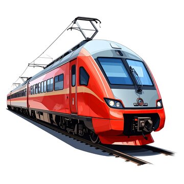A red and silver bullet train on tracks against a white background