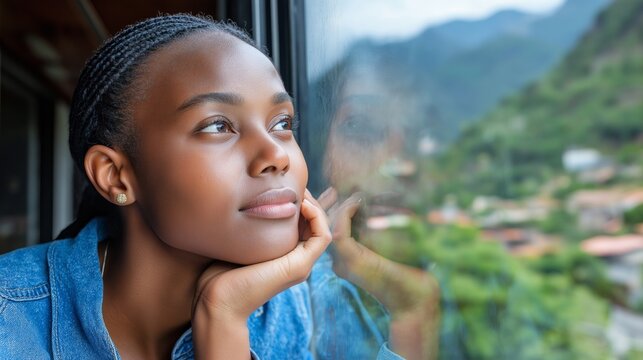 Young woman gazes thoughtfully from window ledge