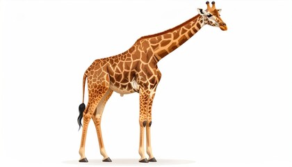 Obraz premium A tall, brown giraffe with patterned spots stands isolated on a white background