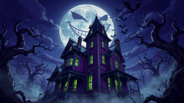 A spooky Victorian mansion features dark purple wooden siding and many illuminated glowing green windows that cast a sinister light across its vintage architectural structure while showcasing