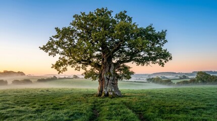 Fototapeta premium Solitary oak tree in green field with morning mist landscape nature scenic outdoor environment