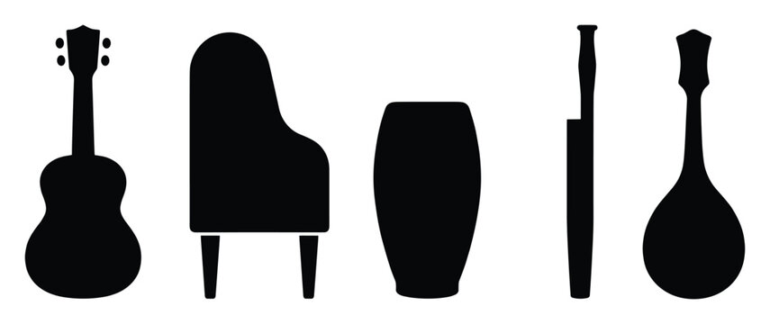 Collection of musical instrument silhouettes featuring a ukulele, grand piano, conga drum, and mandolin, ideal for music school marketing, event posters, or album cover designs.