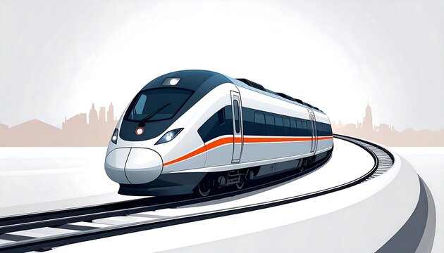 A sleek silver bullet train with orange accents speeding on tracks