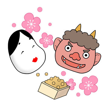 Setsubun oni and okame with soybeans and cherry blossoms