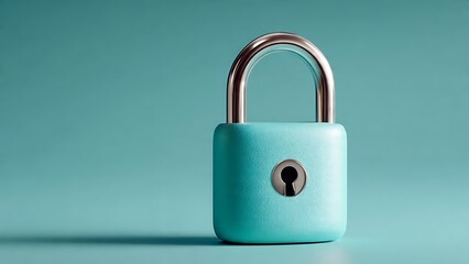 Fototapeta premium Teal padlock stands on a minimalist surface to represent digital security and data protection for modern business websites and cyber safety concepts today online