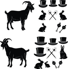 Black silhouette magician icons with goat, top hats, rabbits, magic wands, maracas, puzzle arrangement, fantasy symbols, and entertainment illustration design © Tanzila