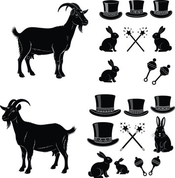 Black silhouette magician icons with goat, top hats, rabbits, magic wands, maracas, puzzle arrangement, fantasy symbols, and entertainment illustration design