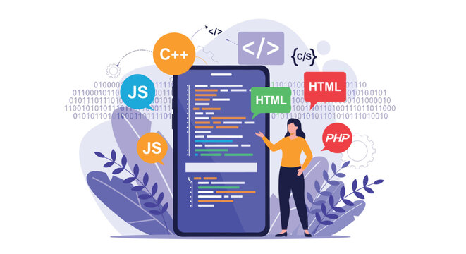 Mobile app development concept showing a woman pointing at source code on a smartphone surrounded by tech icons.