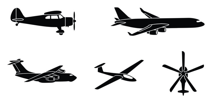 Diverse array of aircraft silhouettes including large commercial passenger jet, military transport plane, small propeller airplane, glider, and helicopter excellent for aviation related