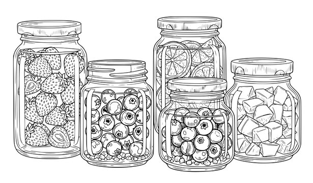 A vector illustration of five glass jars filled with various fruits and candies