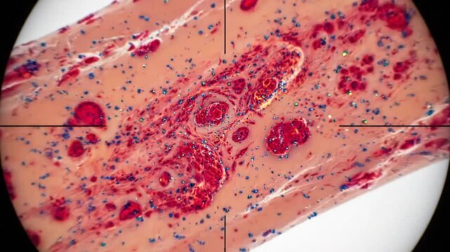 Microscopic view of tissue sample with red blood cells and colorful crystals from above in a microscope