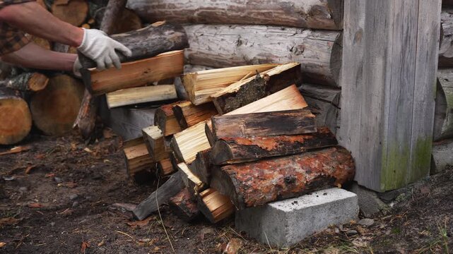 Close up of a man stacking firewood against a log wall. Slow motion 4K ProRes 422 manual labor at countryside.