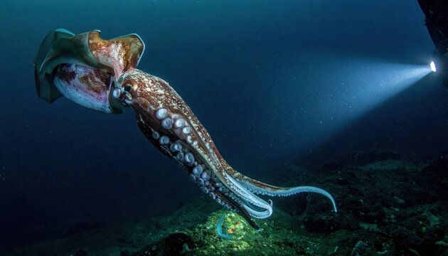 A colossal squid tentacle with visible suckers emerges from the dark abyss of the deep ocean sea