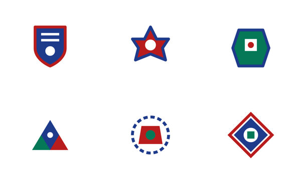 Hand-drawn Collection of colorful geometric icons including star shield triangle hexagon and diamond shapes authentic illustration