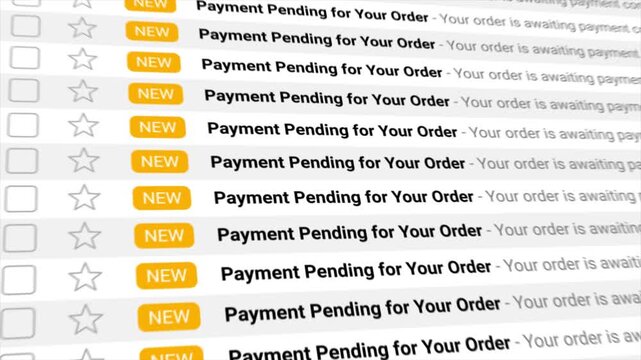 Payment Pending for Your Order notifications stream endlessly, filling a digital inbox. Perfect for showcasing e-commerce transaction statuses, financial delays, and online order management issues.
