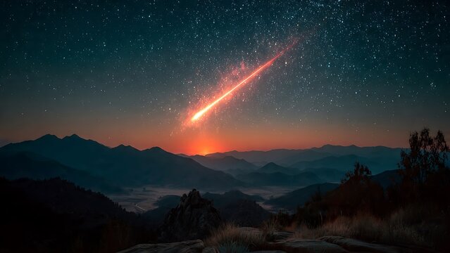 Meteor falling through the night sky creates a bright orange light trail over dark mountain peaks during the predawn twilight with thousands of stars visible