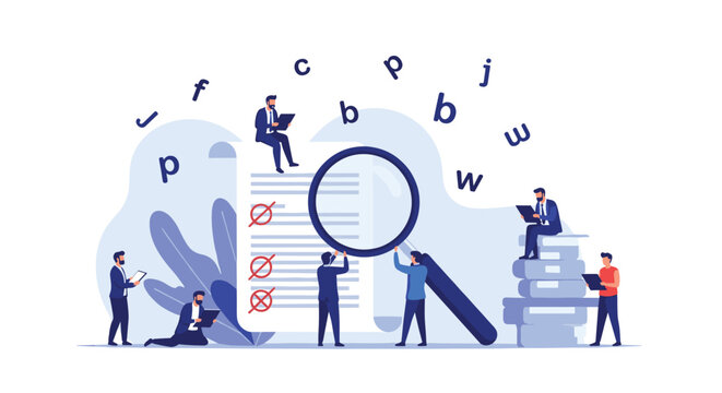Document proofreading and editing service concept with professionals checking a large text for errors using magnifying glasses.