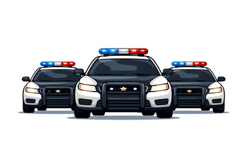 Fototapeta premium Vector illustration of a police car fleet with three patrol vehicles in a row. Front view of emergency law enforcement cruisers with red and blue sirens and headlights on white background.