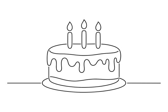 Minimalist continuous line drawing of a birthday cake with three candles and dripping frosting, elegant black and white vector illustration for celebration, party, and anniversary invitations.