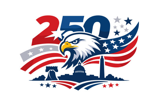 USA 250th Anniversary Semiquincentennial Vector Illustration with Bald Eagle, American Flag, and Washington DC Skyline Silhouette, Celebrating 1776-2026 United States Independence Day Design