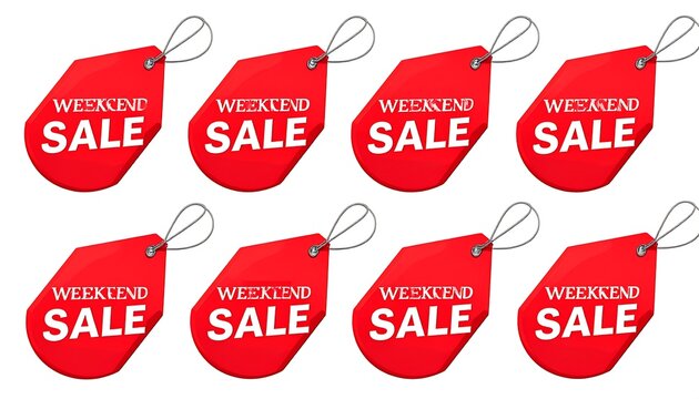 Red weekend sale tags on white background