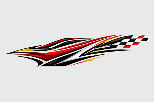 Racing Car Wrap Design Vector with Sport Stripes and Checkered Flag Pattern for Vehicle Stickers and Automotive Tuning, Dynamic Red and Black Graphic Decal for Sports Car Side Body Decoration.