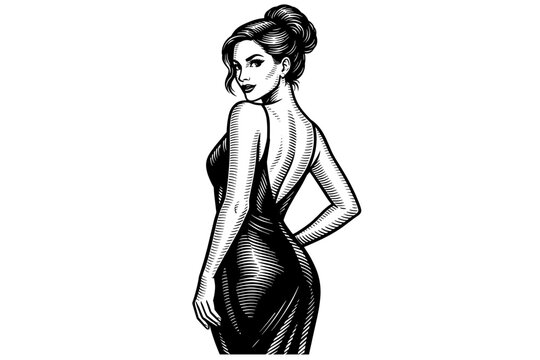 Elegant woman in a sleek backless evening gown looking over her shoulder with a confident pose, sophisticated fashion illustration in a vintage engraving or woodcut style, monochrome vector art.