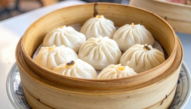 Delicate fluffy steamed pork buns with visible char marks on their tops piled high in a bamboo steamer basket, ready to be enjoyed.