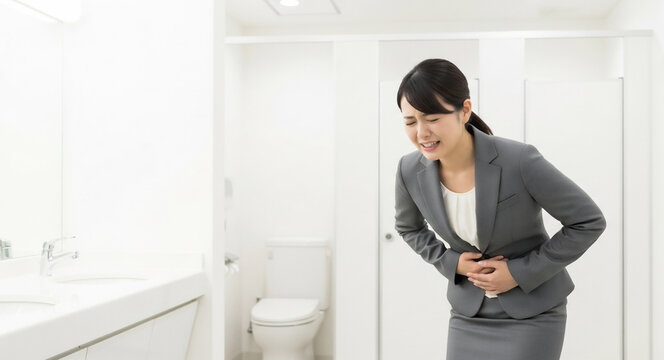 トイレの洗面所でお腹を押さえる女性