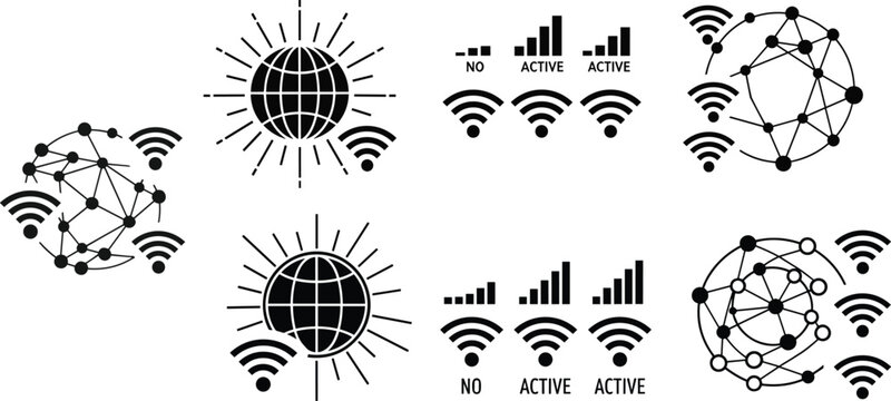 Global connectivity icons with wireless communication signals, internet activity indicators, globe network nodes and data transmission design for technology illustration
