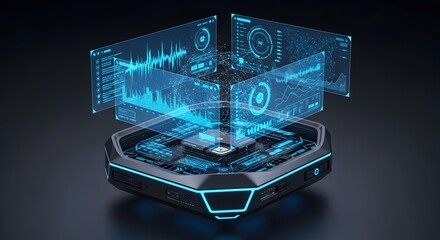 Fototapeta premium Futuristic electronic processing unit displaying holographic data interface with blue neon light glow.
