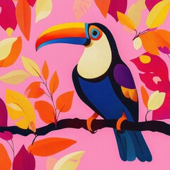 Naklejka premium cheerful stylized toucan with a rainbow beak perched on a branch amid warm orange and yellow leaves against a bright pink background