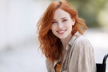 Fototapeta premium happy red haired woman smiling while sitting in wheelchair outdoors freedom lifestyle concept