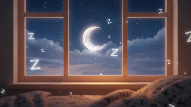 night bedroom window crescent moon stars cozy bed scene